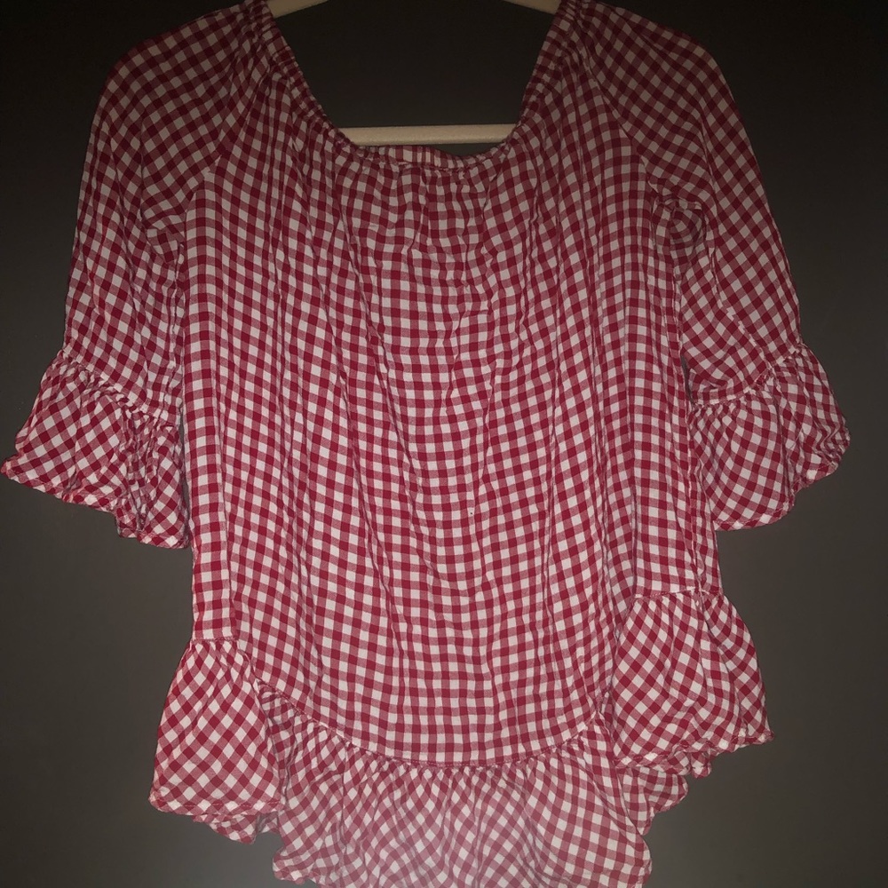Plaid checkered red and white loose blouse